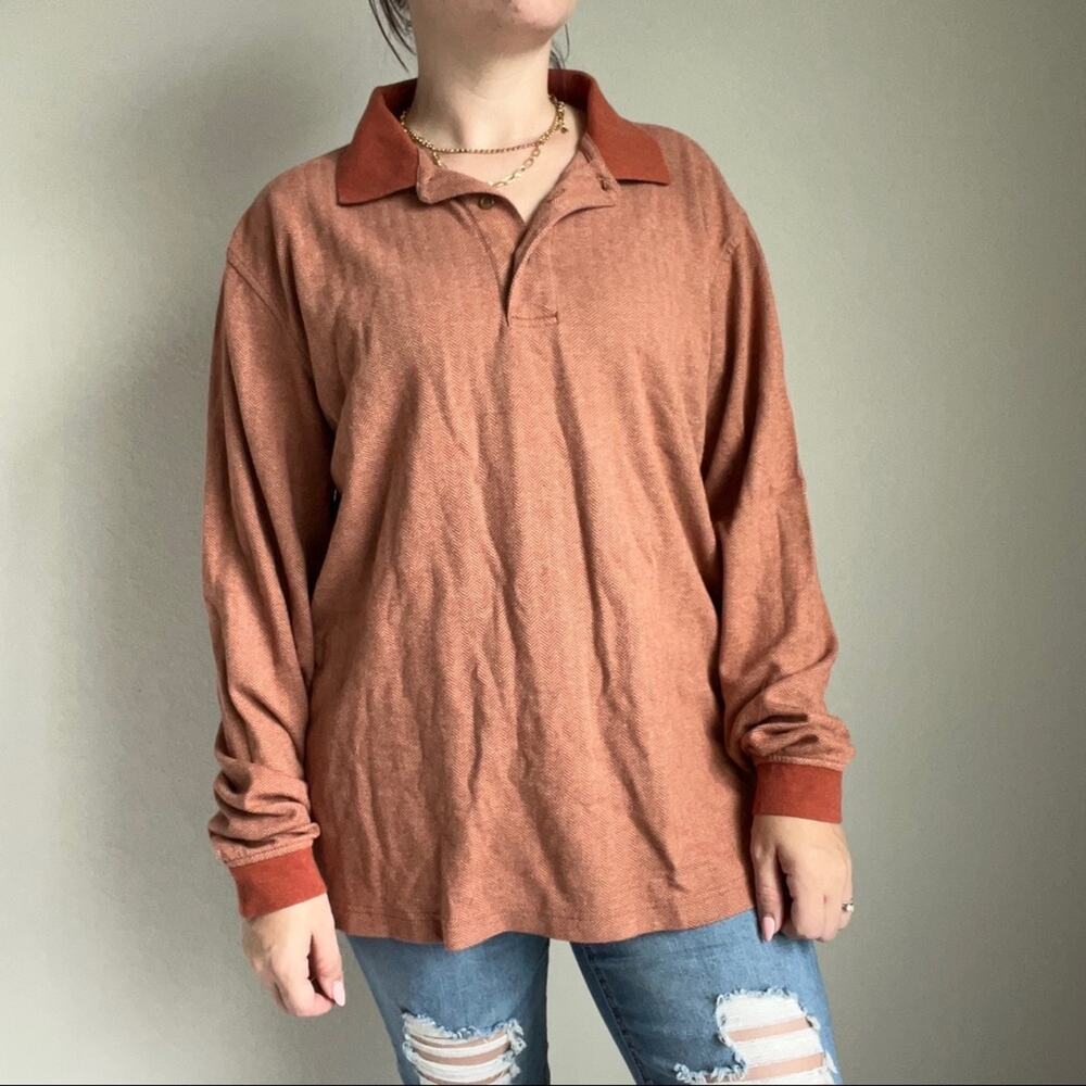 Land’s End Men's Orange Herringbone Long Sleeve Collared Shirt Size L